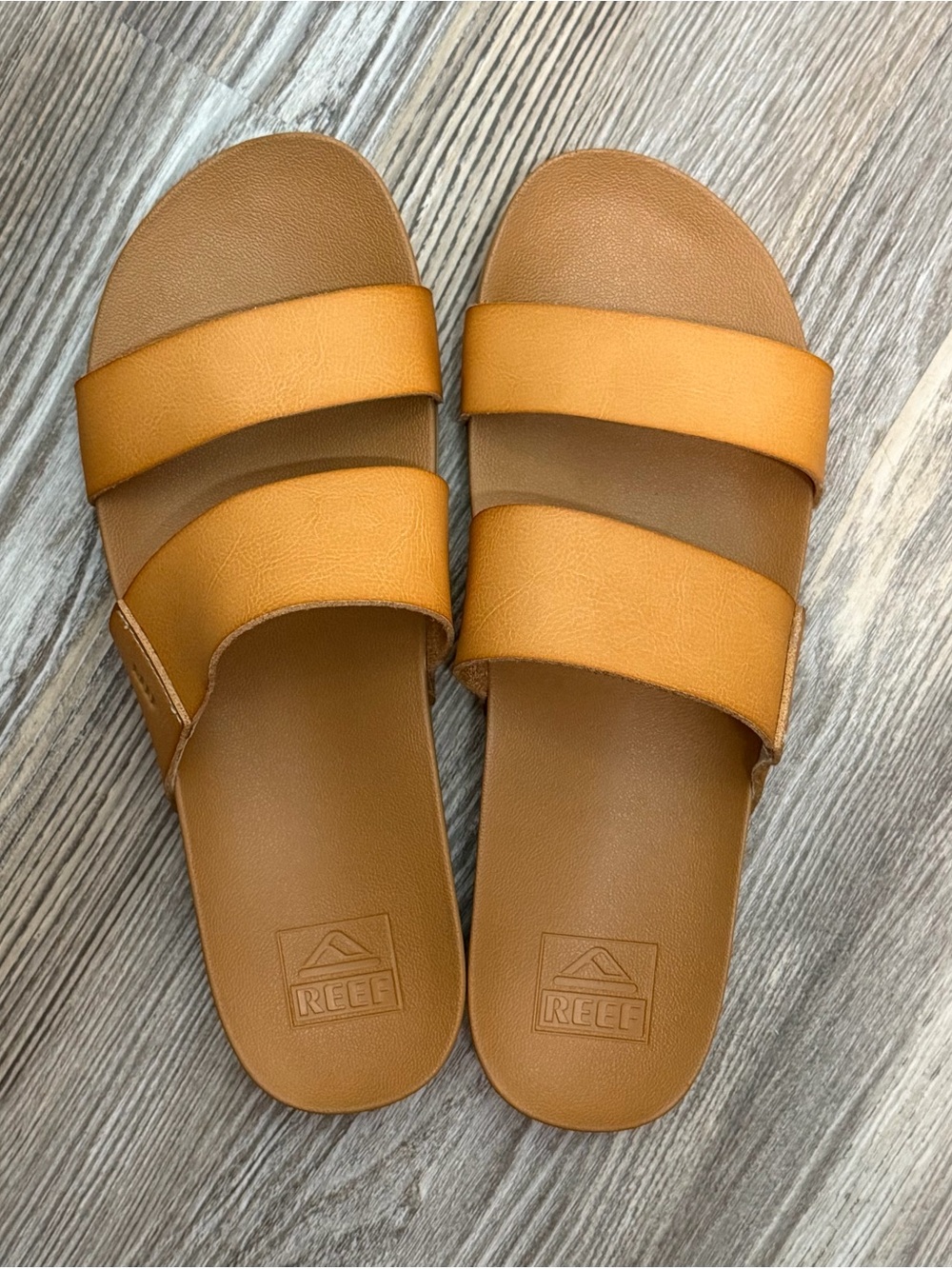 Women’s Reef Double Strap Slides in Camel Brown, size 9